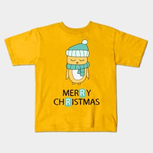 Merry Christmas greeting card with yellow chicken in scarf Kids T-Shirt